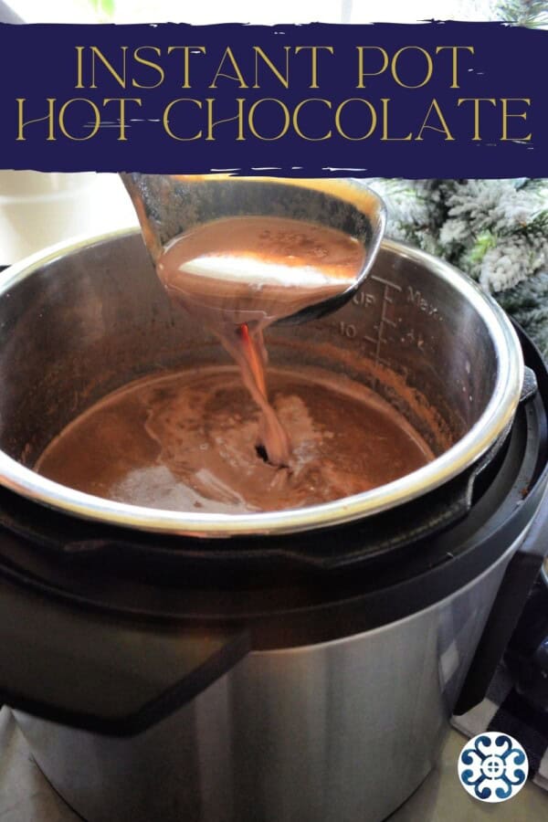 Instant pot with black ladle with hot chocolate with text on image for Pinterest.