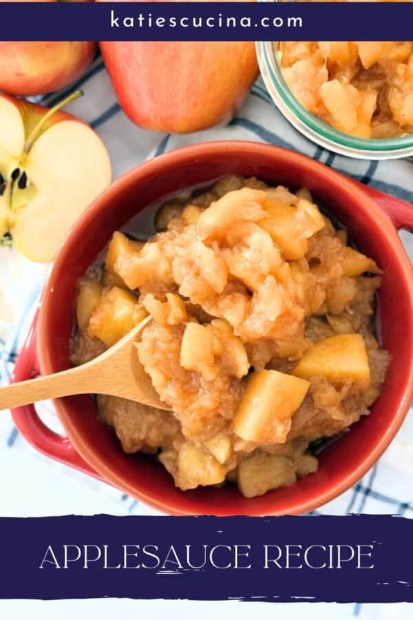 Red handled bowl filled with chunky applesauce with text on image for Pinterest.