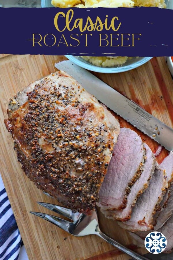 Slices of beef on a cutting board with a serrated knife and text on image for Pinterest.