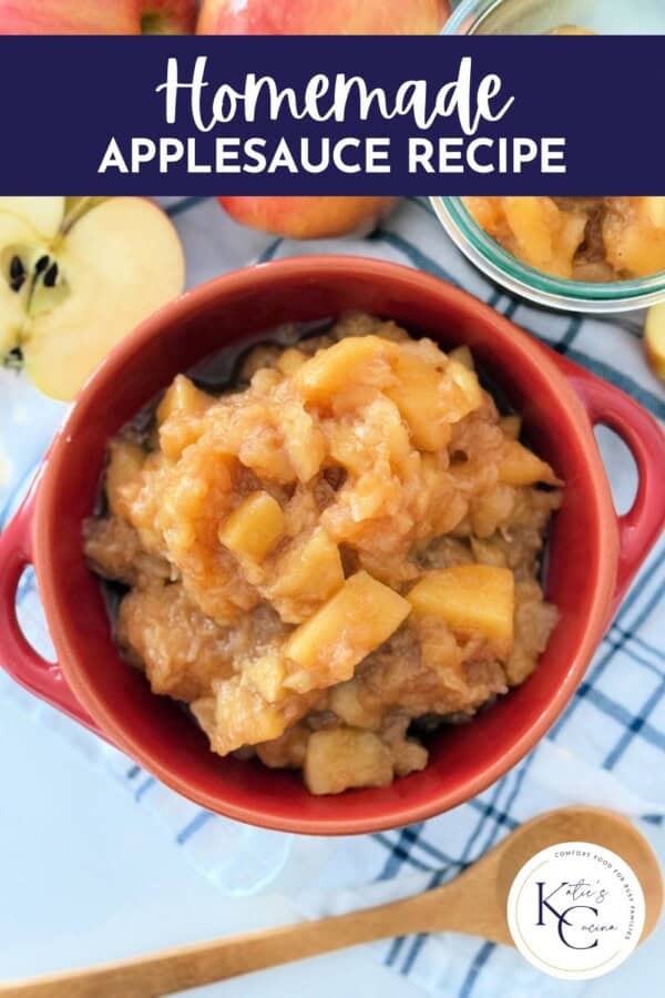 Red bowl filled with apple sauce on a white and blue cloth with text on image for Pinterest.