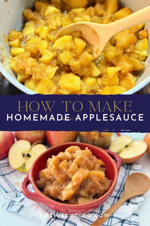 Pot of mashed apples divided by text on image for Pinterest and a red bowl filled with cooked applesauce below it.