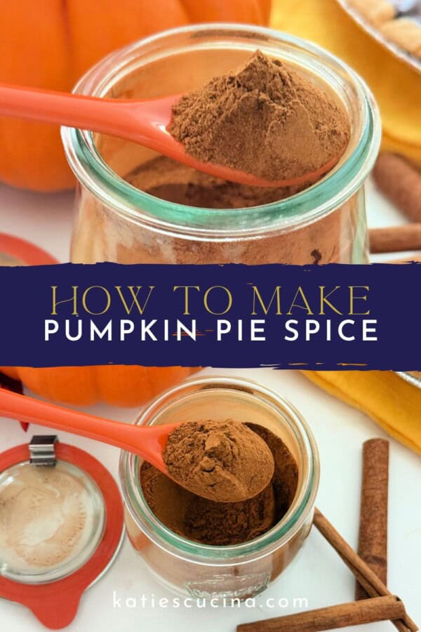 Glass jars filled with brown spices with an orange spoon divided by text on image for Pinterest.