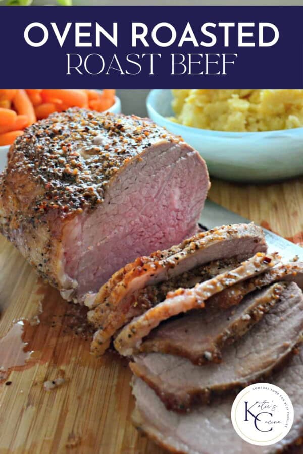 Sliced beef on a cutting board with text on image for Pinterest.