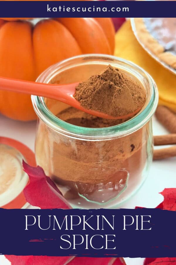 Glass jar with brown spices and an orange spoon scooping with text on image for Pinterest.