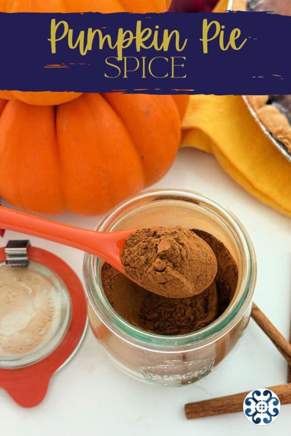 Glass jar with an orange spoon filled with brown spice on a white countertop with text on image for Pinterest.