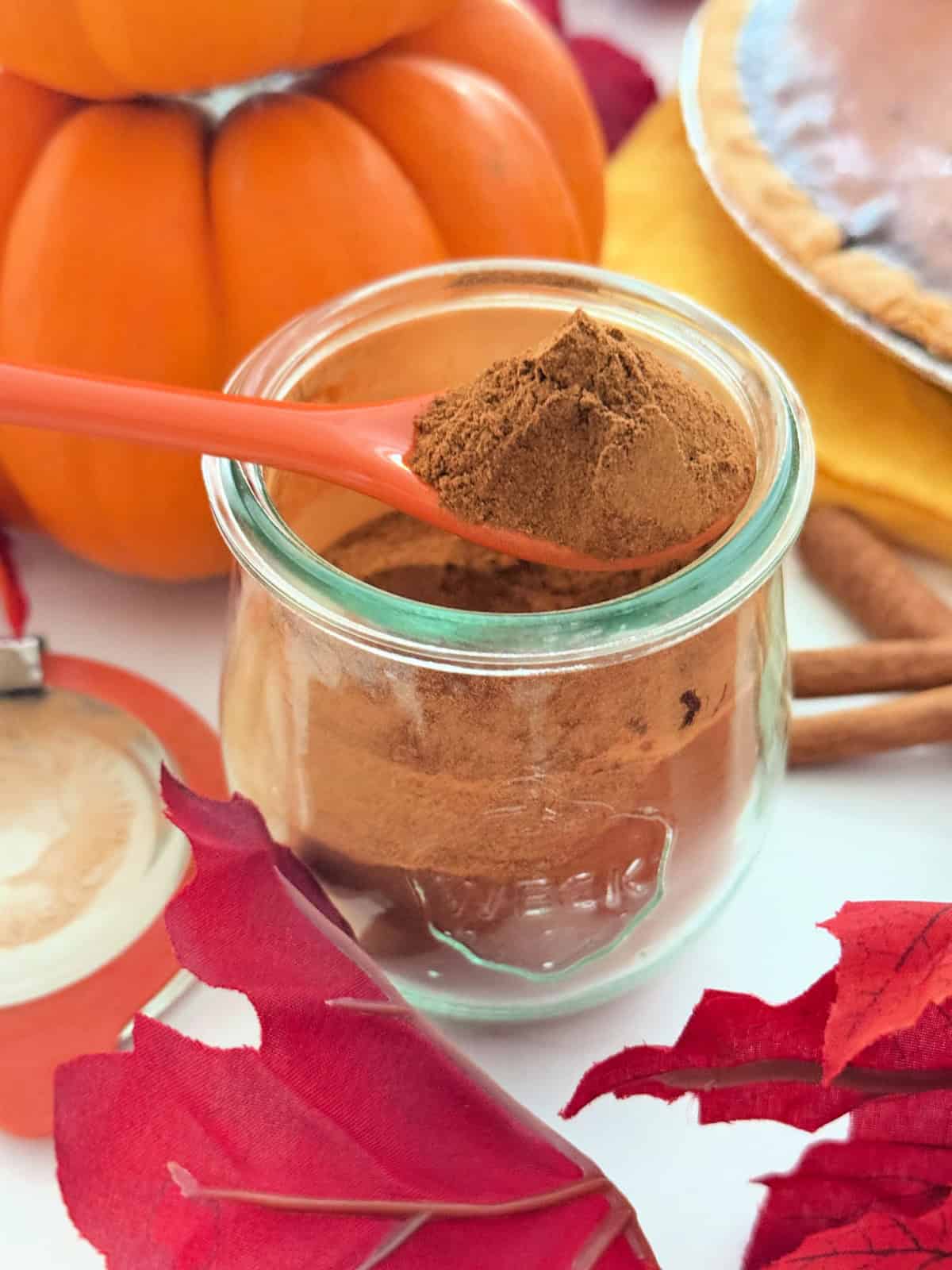 Glass jar with brown powder on an orange spoon with pumpkins in background.