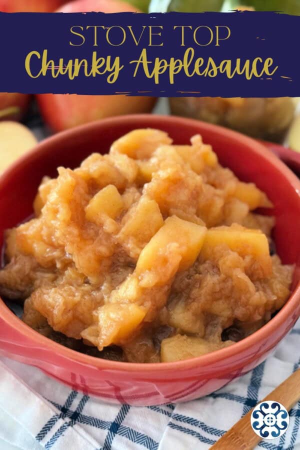 Red bowl filled with applesauce with text on image for Pinterest.