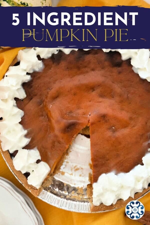 Slice of pie taken out of a pumpkin pie lined with whipped cream with text on image for Pinterest.
