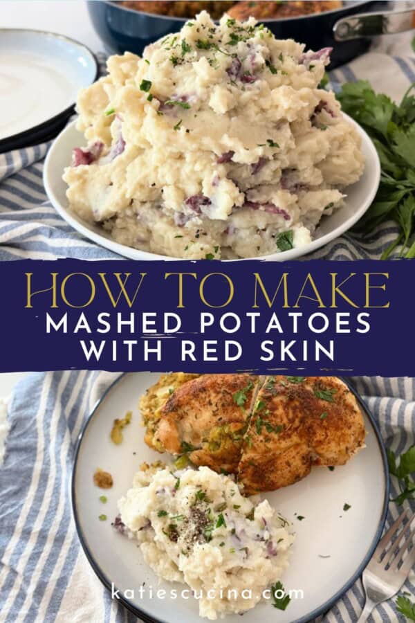 White bowl filled with mashed potatoes divided by text with a plate full of mashed potatoes and chicken below.