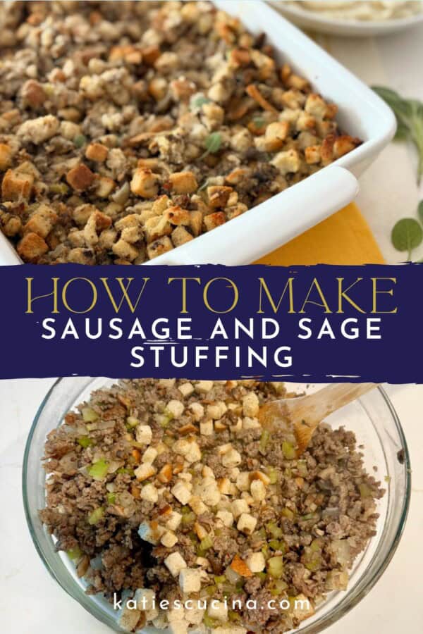 White baking dish with sausage stuffing divided by text on image for pinterest and glass bowl below filled with stuffing mix.
