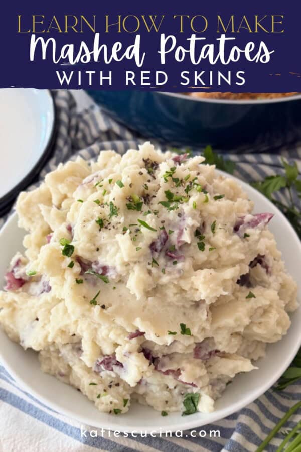 White bowl filled with mashed potatoes on a striped cloth with text on image for Pinterest.