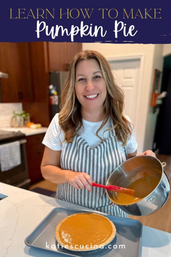 Female holding a metal bold and red spatula with pie in front of her and text on image for Pinterest.
