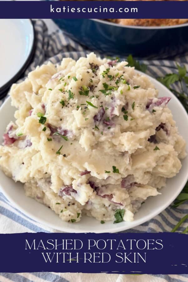 White bowl filled with mashed potatoes with text on image for Pinterest.