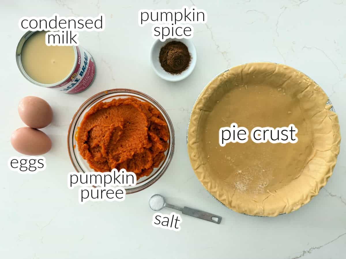 pie crust, pumplin puree, salt, condensed milk, eggs, and pumpkin pie spice on a countertop.