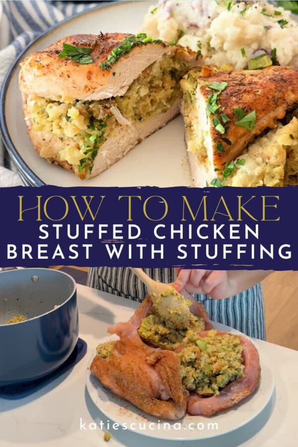 Chicken breast sliced in half on a white plate divided by text on image for Pinterest with a hand stuffing stuffing in raw split chicken.