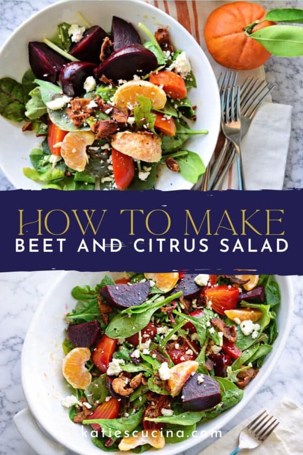 White bowl filled with salad divided by text on image for Pinterest with a serving dish of salad underneath.