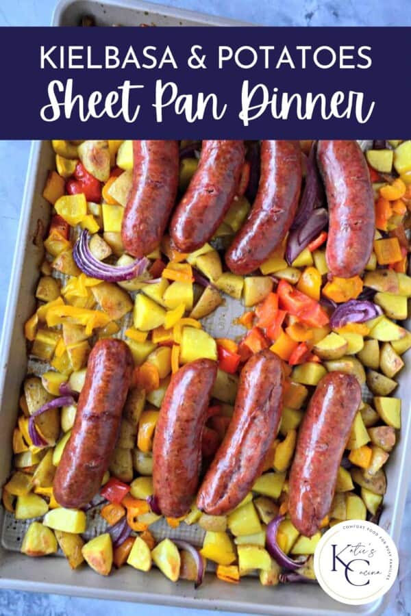 Baking sheet filled with 8 sausage links, diced potatoes and peppers with text on image for Pinterest.