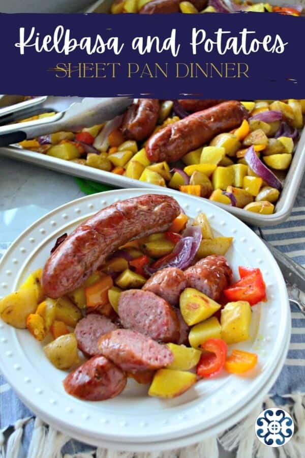 White plates stacked with potatoes, peppers, and sausage on a blue and white striped cloth with text on image for Pinterest.