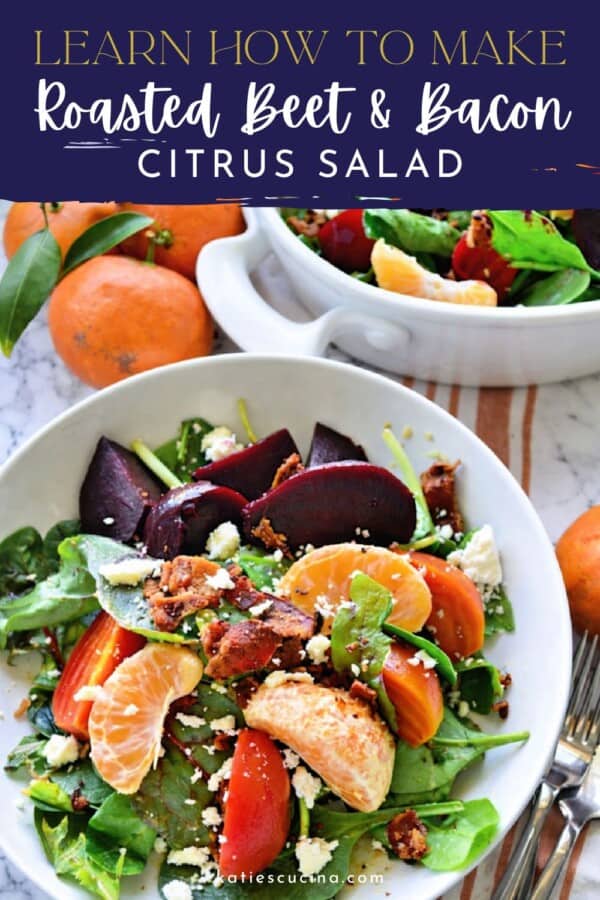 White bowl filled with salad greens, beets and oranges with text on image for Pinterest.