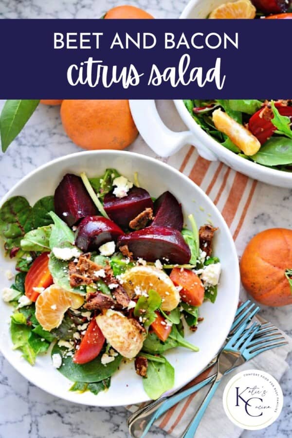 White bowl filled with salad, roasted beets, and citrus with text on image for Pinterest.