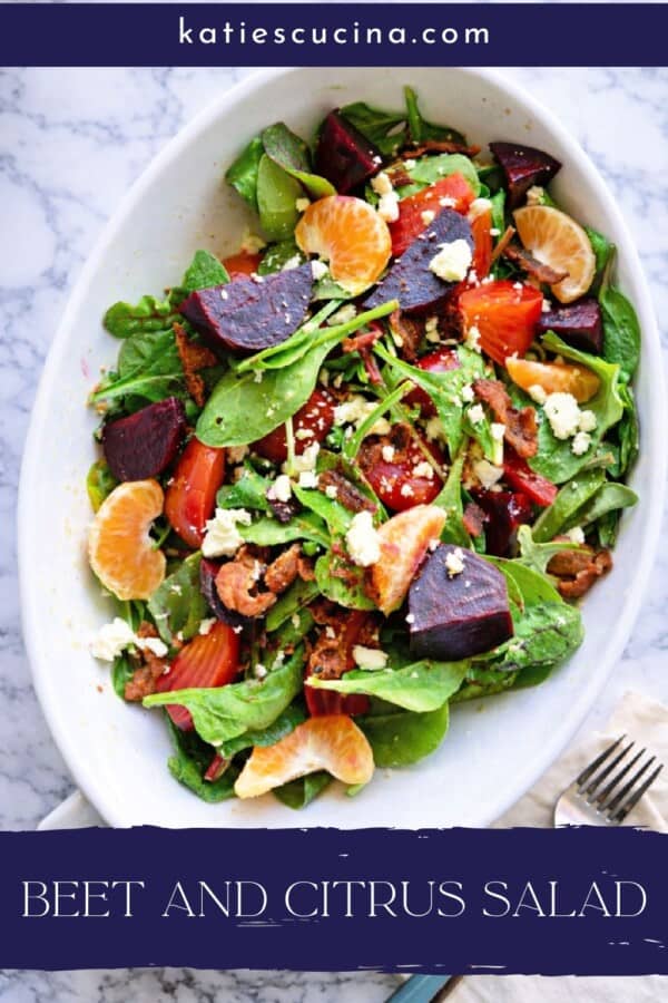White serving dish filled with salad and beets with text on image for Pinterest.